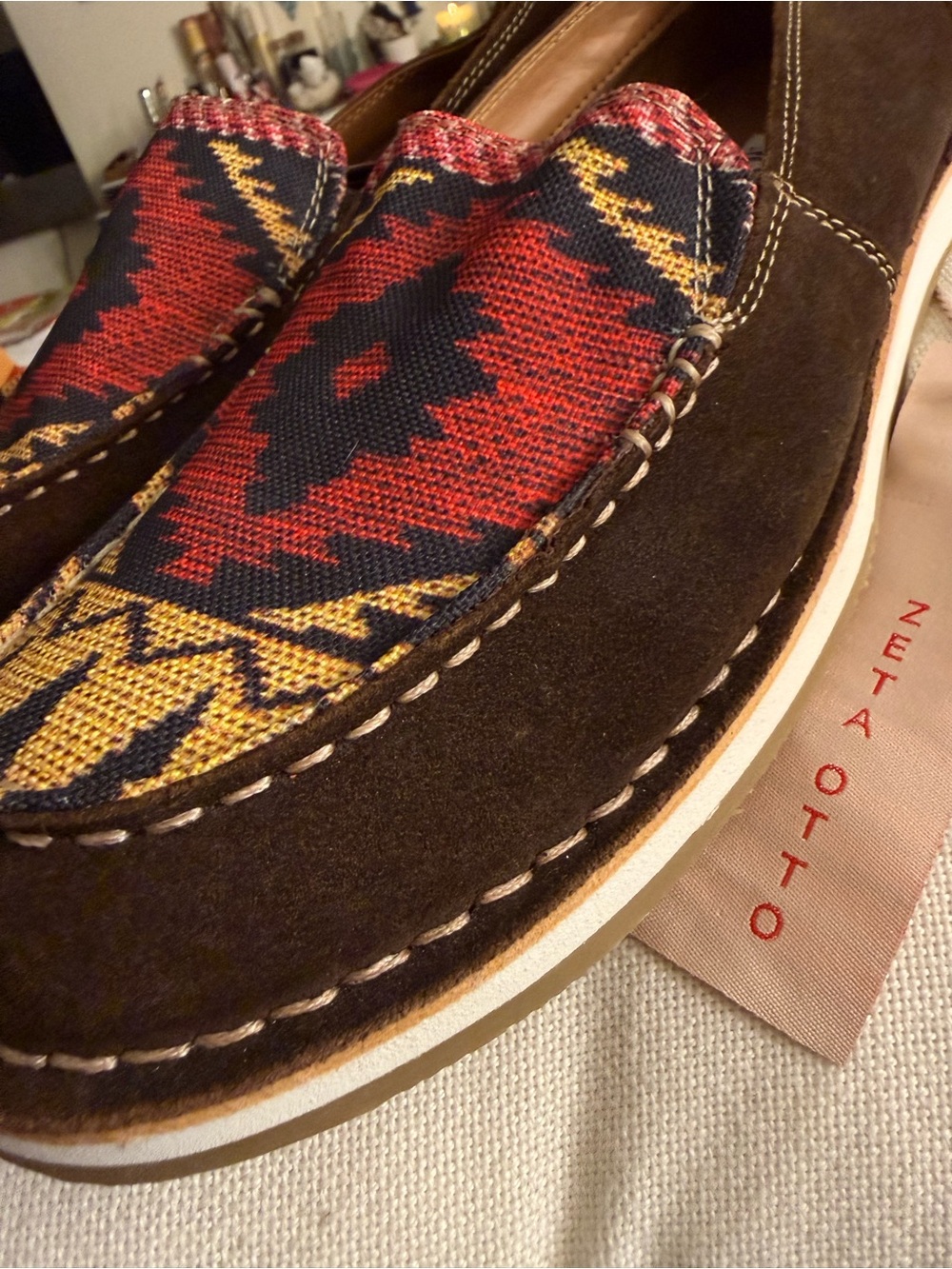 Myra Bag Brown Moccasin Loafers with Red & Yellow Aztec Fabric - Picture 3 of 9